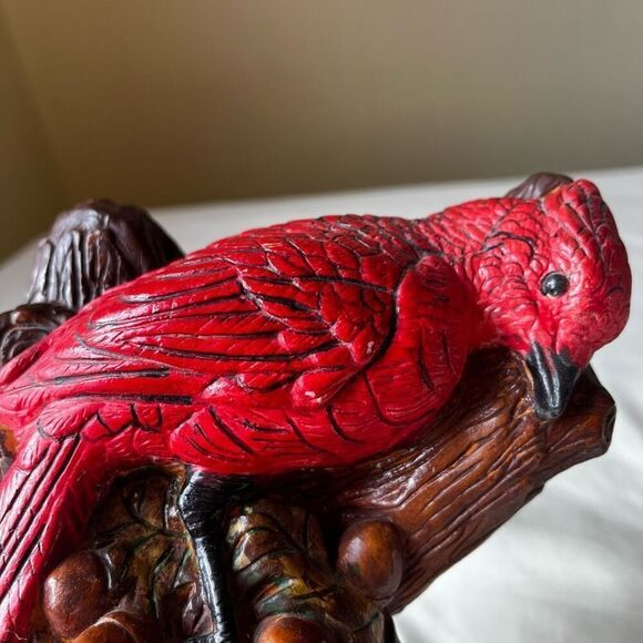 Vintage 70s Chalkware Statue Red Cardinal Perched in Tree Branch Hand Painted - Picture 10 of 12